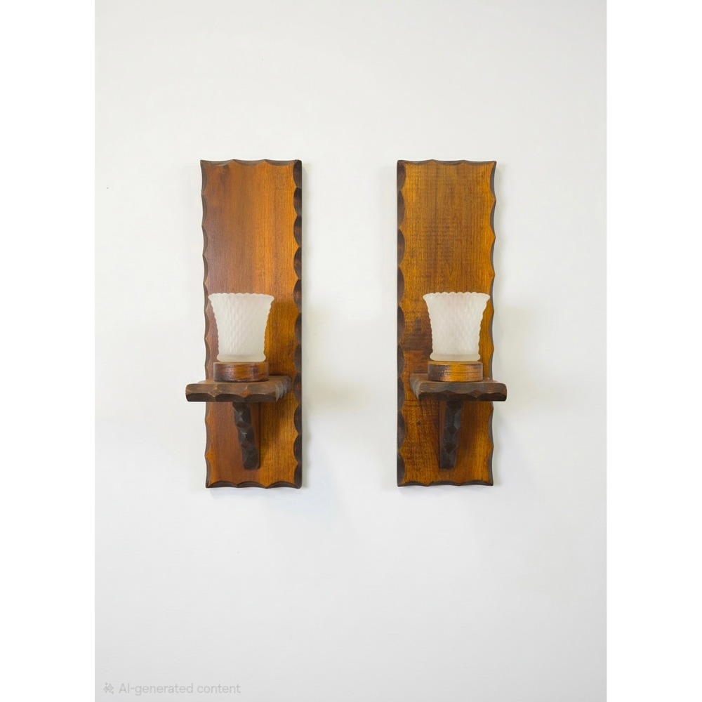 Vintage MCM Wood Wall Sconce Pair Scalloped Edge Frosted Diamond Votive Holders